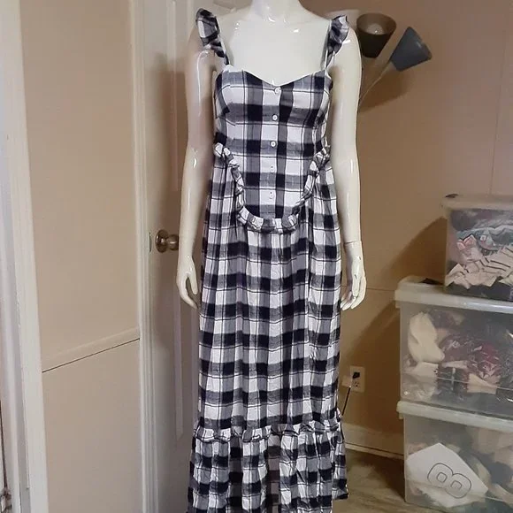 chinese dress ladies Cotton Maxi Dress Tartan Plaid, Blue main image 1